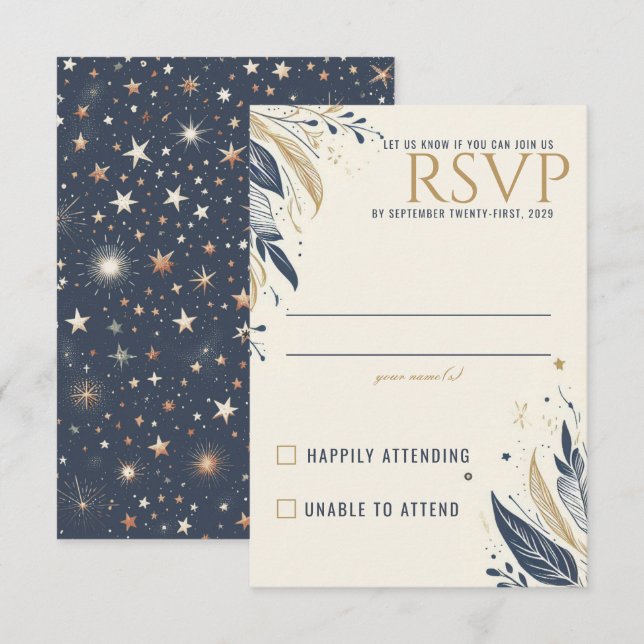 Cartão RSVP Casamento Celestial Azul e Dourado (Frente/Verso)