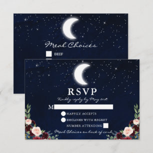 Cartão RSVP Casamento Celestial Céu Lua Estrelas Floral Refeiç