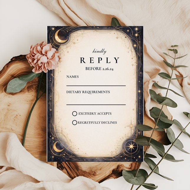 Cartão RSVP Casamento Celestial Escuro (Criador carregado)