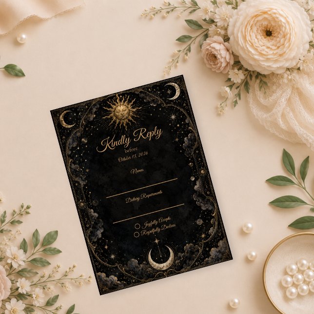 Cartão RSVP Casamento Celestial Gótico Sol Lua (Criador carregado)