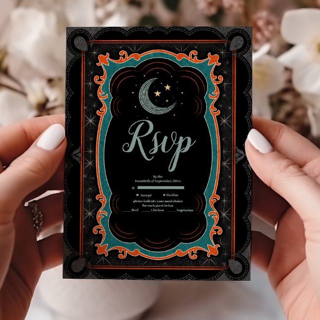 Cartão RSVP Casamento Celestial Místico Lua Noite Estrelada (Criador carregado)