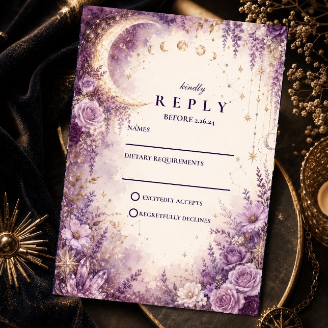 Cartão RSVP Casamento Celestial Roxo Encantado (Criador carregado)