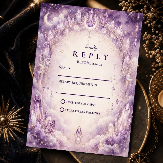 Cartão RSVP Casamento Celestial Roxo Etéreo (Criador carregado)