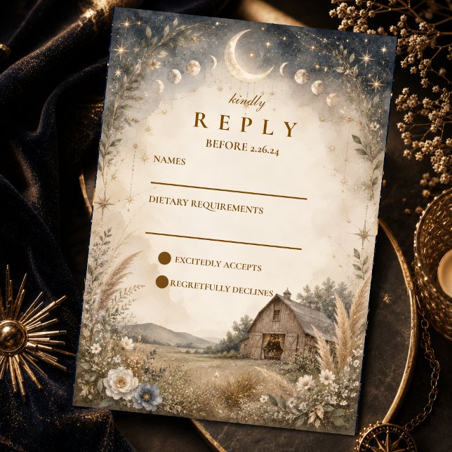 Cartão RSVP Casamento Celestial Rústico (Criador carregado)