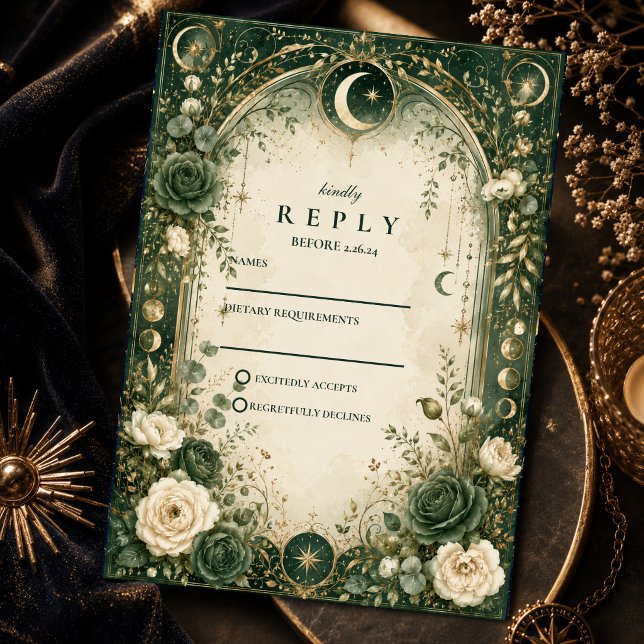 Cartão RSVP Casamento Celestial Verde Botânico (Criador carregado)