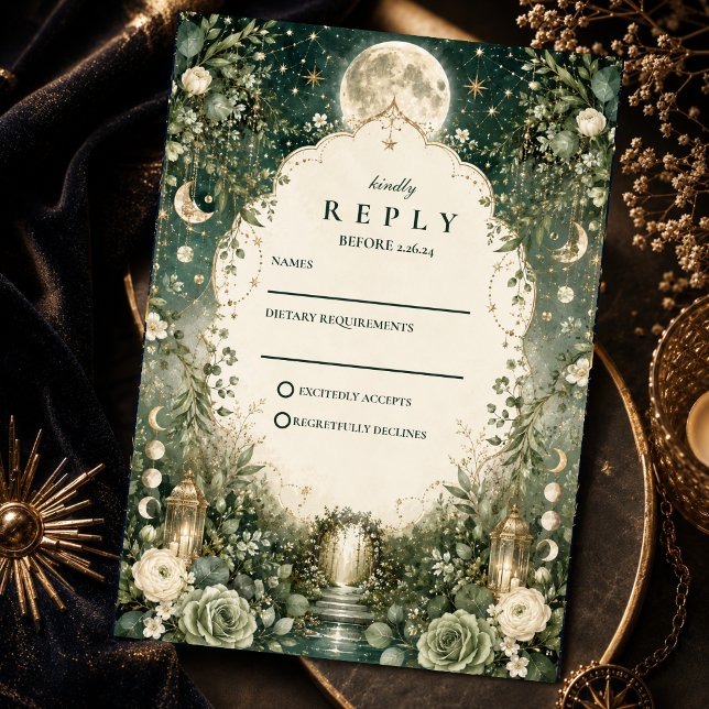 Cartão RSVP Casamento Celestial Verde Elegante (Criador carregado)