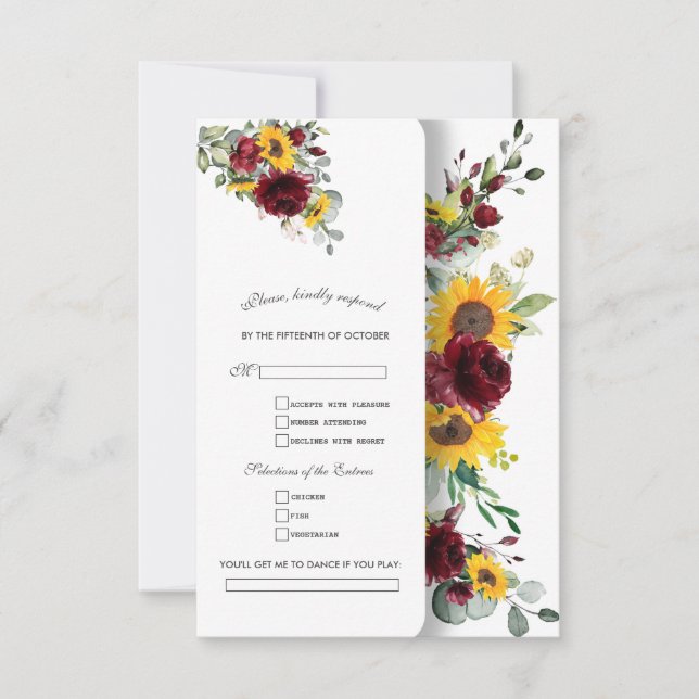 Cartão RSVP Casamento Charming Fall Burgundy Sunflower (Frente)