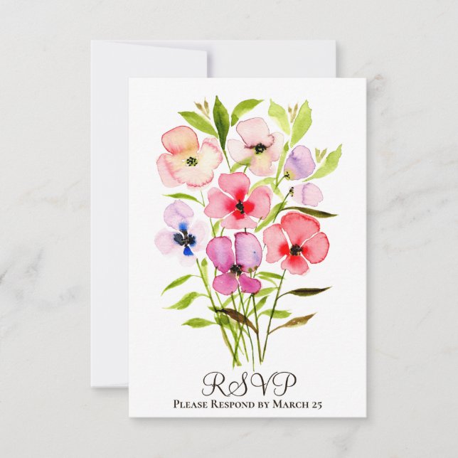Cartão RSVP Casamento Cheerful Watercolor Pansies & Selvagens (Frente)