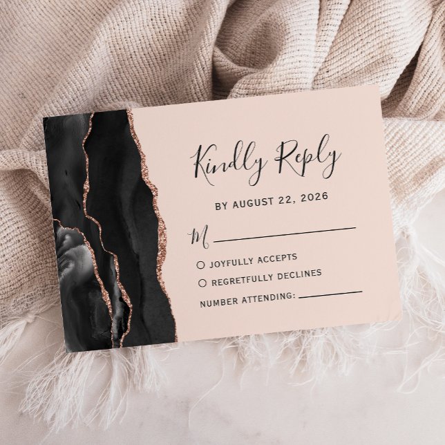 Cartão RSVP Casamento Chic Black Rose Gold Ágata Bege (Criador carregado)