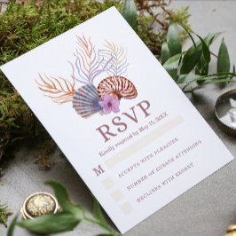 Cartão RSVP Casamento Chic Costeiro Aquarela Conchas de Praia