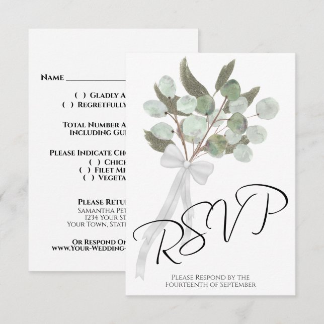 Cartão RSVP Casamento Chic Rustic Eucalyptus & Greenery Buquê (Frente/Verso)