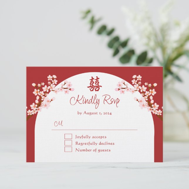 Cartão RSVP Casamento chinês com flores de cereja vermelha (Em pé/Frente)