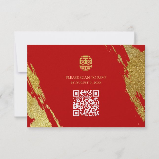 Cartão RSVP Casamento chinês com pincel de ouro vermelho pince (Frente)