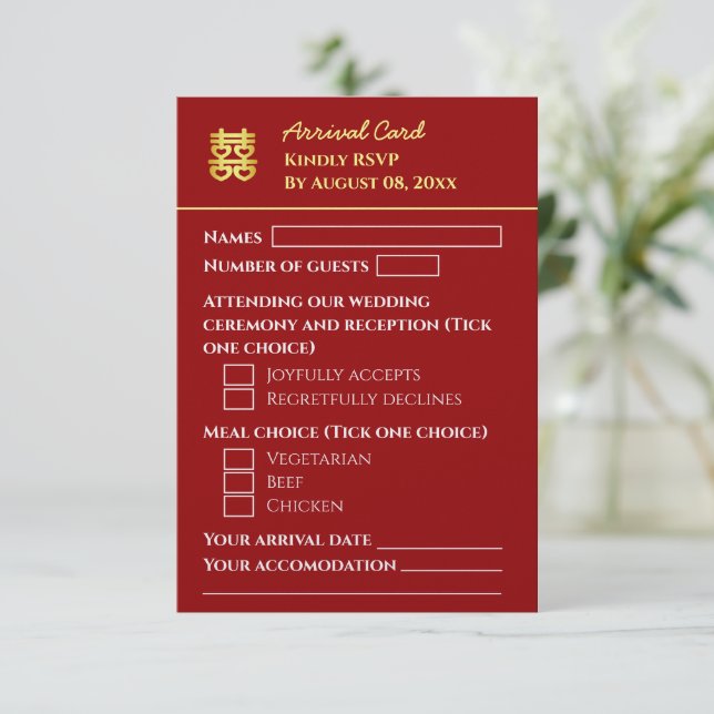 Cartão RSVP Casamento chinês de destino vermelho escuro (Em pé/Frente)