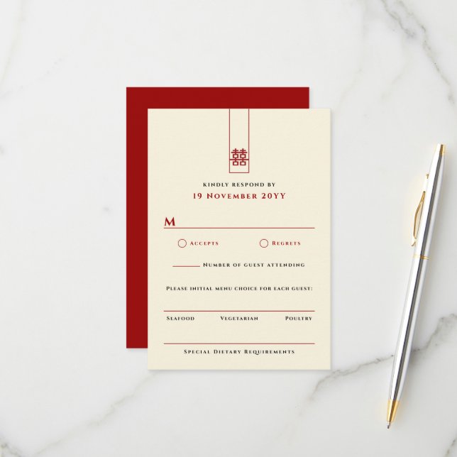 Cartão RSVP Casamento Chinês de Dupla Felicidade Retangular (Frente/Verso In Situ)