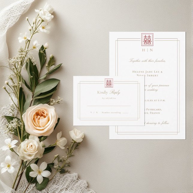 Cartão RSVP Casamento Chinês de Felicidade Dupla Moderna Elega (Criador carregado)