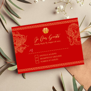 Cartão RSVP casamento chinês dragão fênix vermelho tradicional