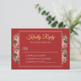 Cartão RSVP Casamento chinês moderno rosa floral peônia vermel