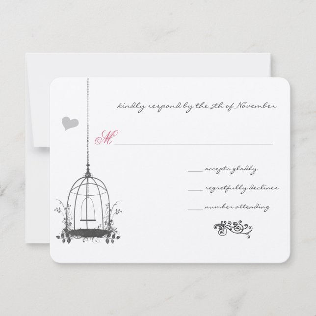 Cartão RSVP Casamento Cinza Pássaro Antigo com Acentos Rosa em (Frente)