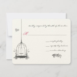 Cartão RSVP Casamento Cinza Vintage Pássaro em Gaiola com Acen