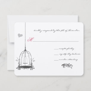 Cartão RSVP Casamento Cinza Vintage Pássaro Gaiola de Pássaros