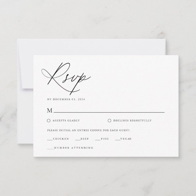 Cartão RSVP Casamento Clássico Branco e Preto de Script Elegan (Frente)