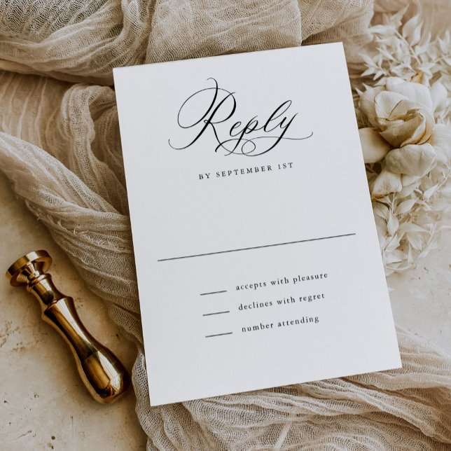 Cartão RSVP Casamento Clássico Branco e Preto de Script Elegan (Criador carregado)