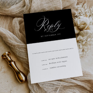Cartão RSVP Casamento Clássico Branco e Preto de Script Elegan
