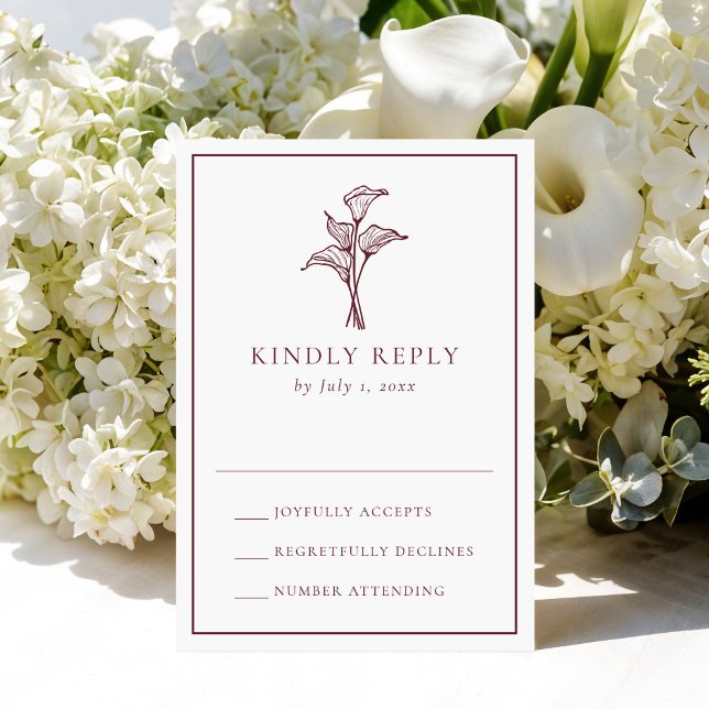 Cartão RSVP Casamento Clássico com Copo-de-Leite Burgundy (Criador carregado)
