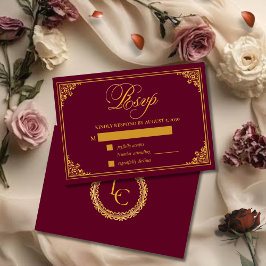 Cartão RSVP Casamento Clássico com Moldura de Ouro e Monograma