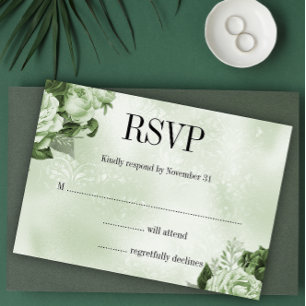 Cartão RSVP Casamento Clássico Damask e Rose Bouquet Green