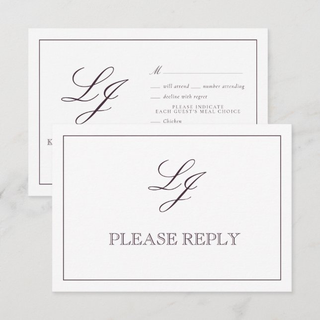 Cartão RSVP Casamento Clássico de Caligrafia Púrpura e Monogra (Frente/Verso)
