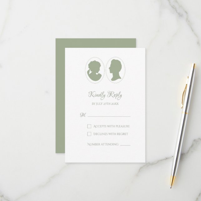 Cartão RSVP Casamento Clássico de Campanha Verde Regência (Frente/Verso In Situ)