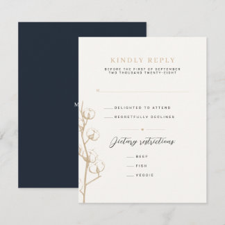 Cartão RSVP Casamento Clássico de Inverno Algodão Dourado e Az