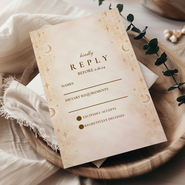 Cartão RSVP Casamento Clássico Dourado ao Luar (Criador carregado)