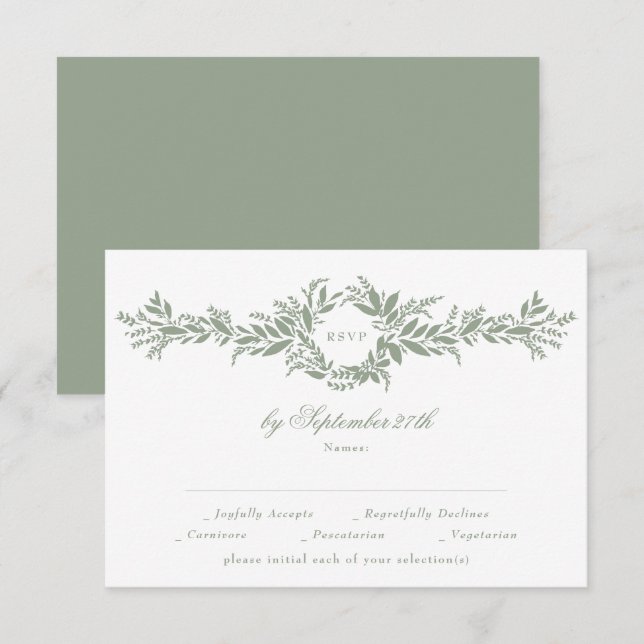 Cartão RSVP casamento clássico elegante de sábio verde leafy (Frente/Verso)