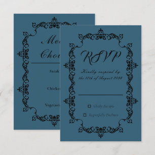 Cartão RSVP Casamento Clássico em Azul Teal Escuro com Moldura