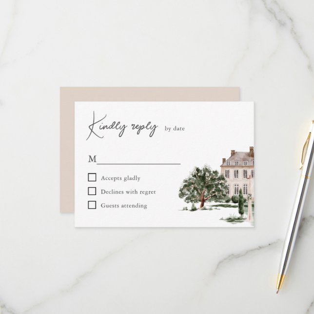 Cartão RSVP Casamento Clássico em Casa de Campo Inglesa com Aq (Frente/Verso In Situ)