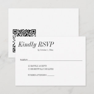 Cartão RSVP Casamento Clássico Preto Branco Elegante QR Mínimo