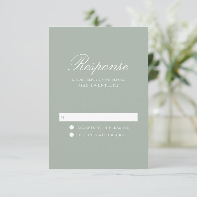 Cartão RSVP Casamento Clássico Verde Sage Elegante (Em pé/Frente)