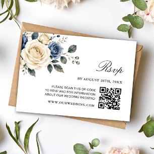 Cartão RSVP Casamento Código QR Azul Navy e Rosa Marfim