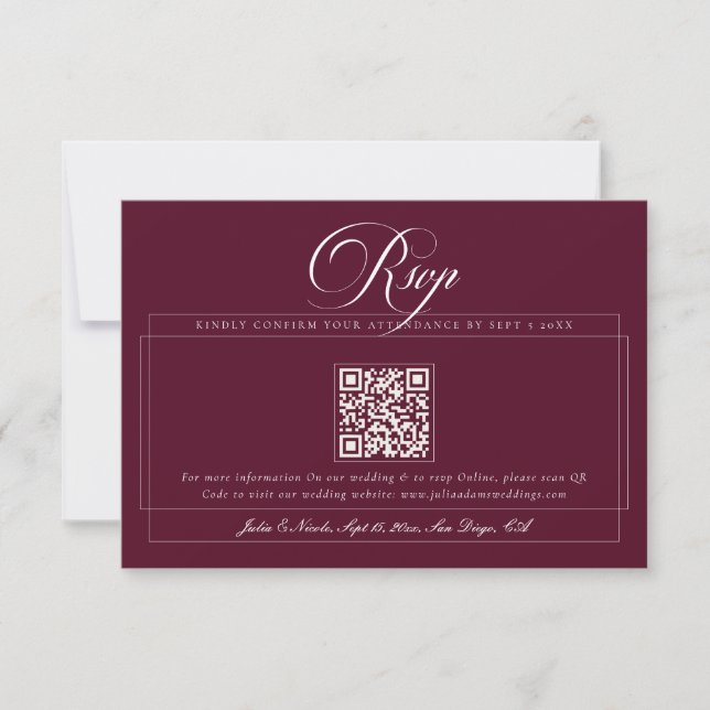 Cartão RSVP Casamento Código QR Caligrafia Marfim Borgonha Clá (Frente)