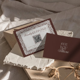 Cartão RSVP Casamento Código QR Chocolate Marrom Renda Dinheir
