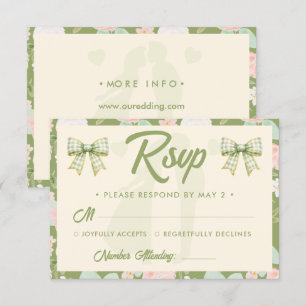 Cartão RSVP Casamento Código QR com Laço Xadrez Verde Flor Sil