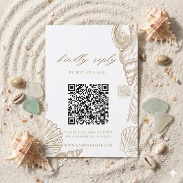Cartão RSVP Casamento Código QR Conchas Douradas & Branco Cost