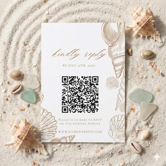 Cartão RSVP Casamento Código QR Conchas Douradas & Branco Cost (Criador carregado)