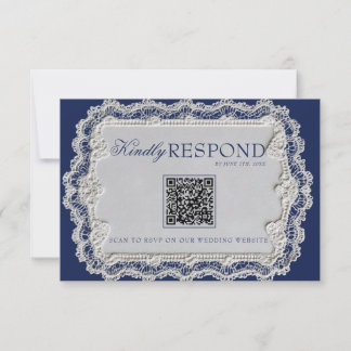 Cartão RSVP Casamento Código QR de Renda Azul Marinho Vintage