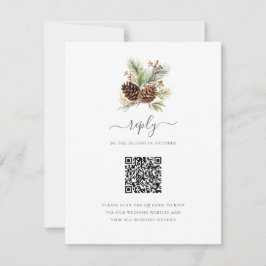 Cartão RSVP Casamento Código QR de Verde de Pinheiro de Invern