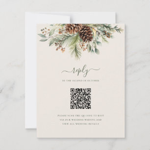 Cartão RSVP Casamento Código QR de Verde de Pinheiro de Invern