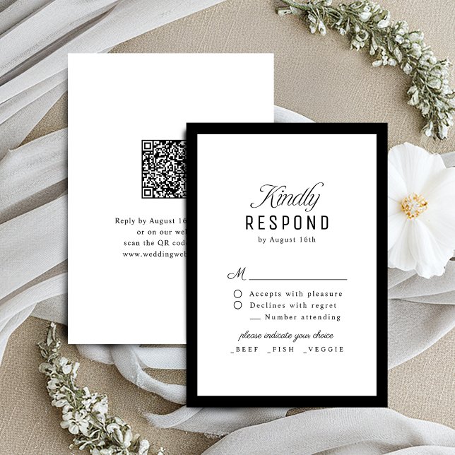 Cartão RSVP Casamento Código QR Elegante Script Classe Preto B (Black White Classy Script Elegant QR code Wedding RSVP Card)